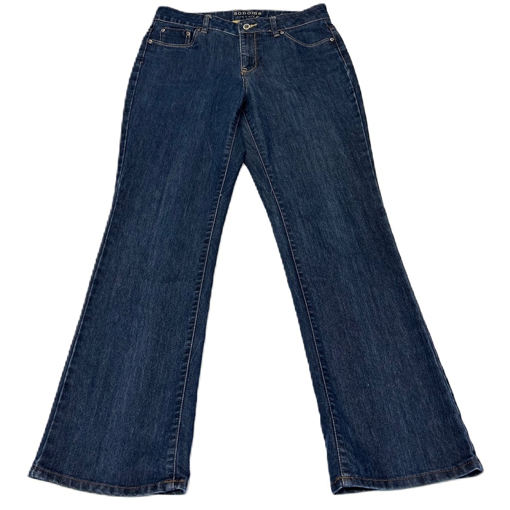 Sonoma Womens Denim Blue Jeans Sz 10 Reg 33x30‎ Bootcut Mid Rise Zip Dark Wash